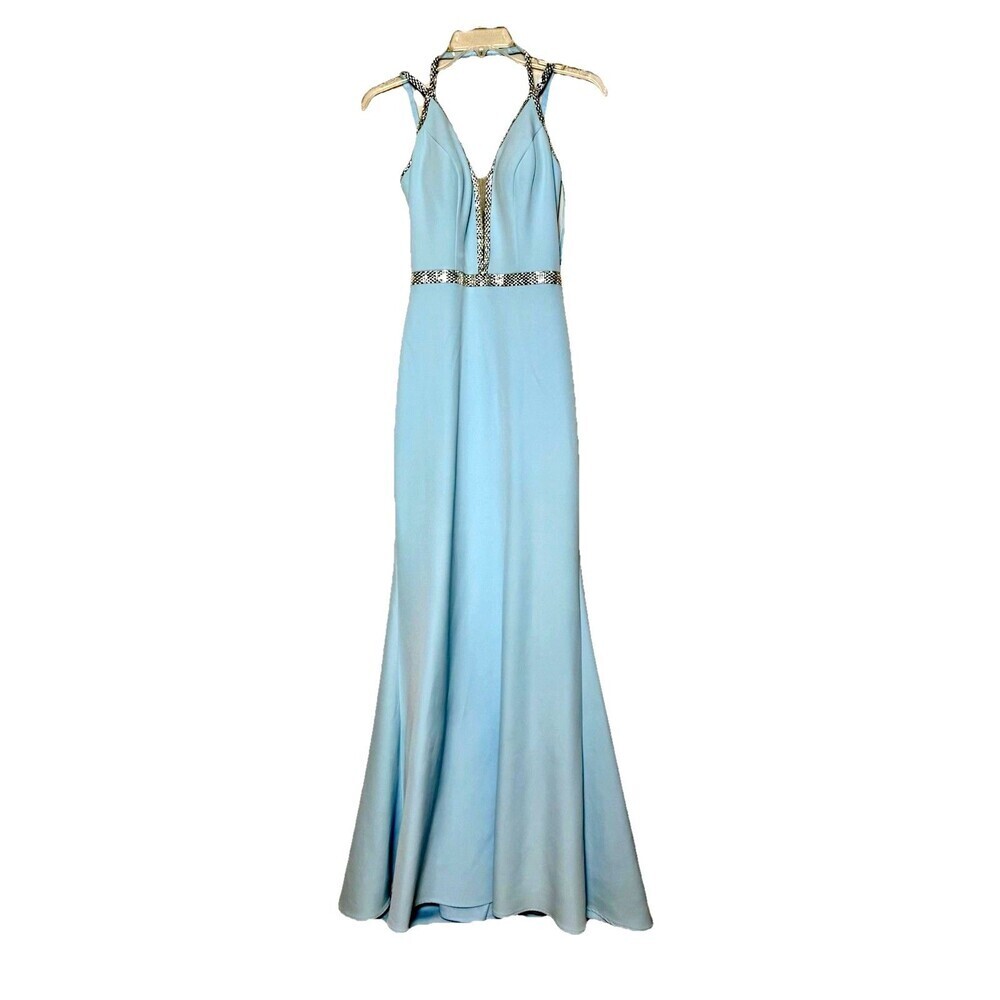 Blue Rhinestone Mermaid Prom Gown Open Back Formal Evening Maxi Dress 6 - Picture 3 of 10
